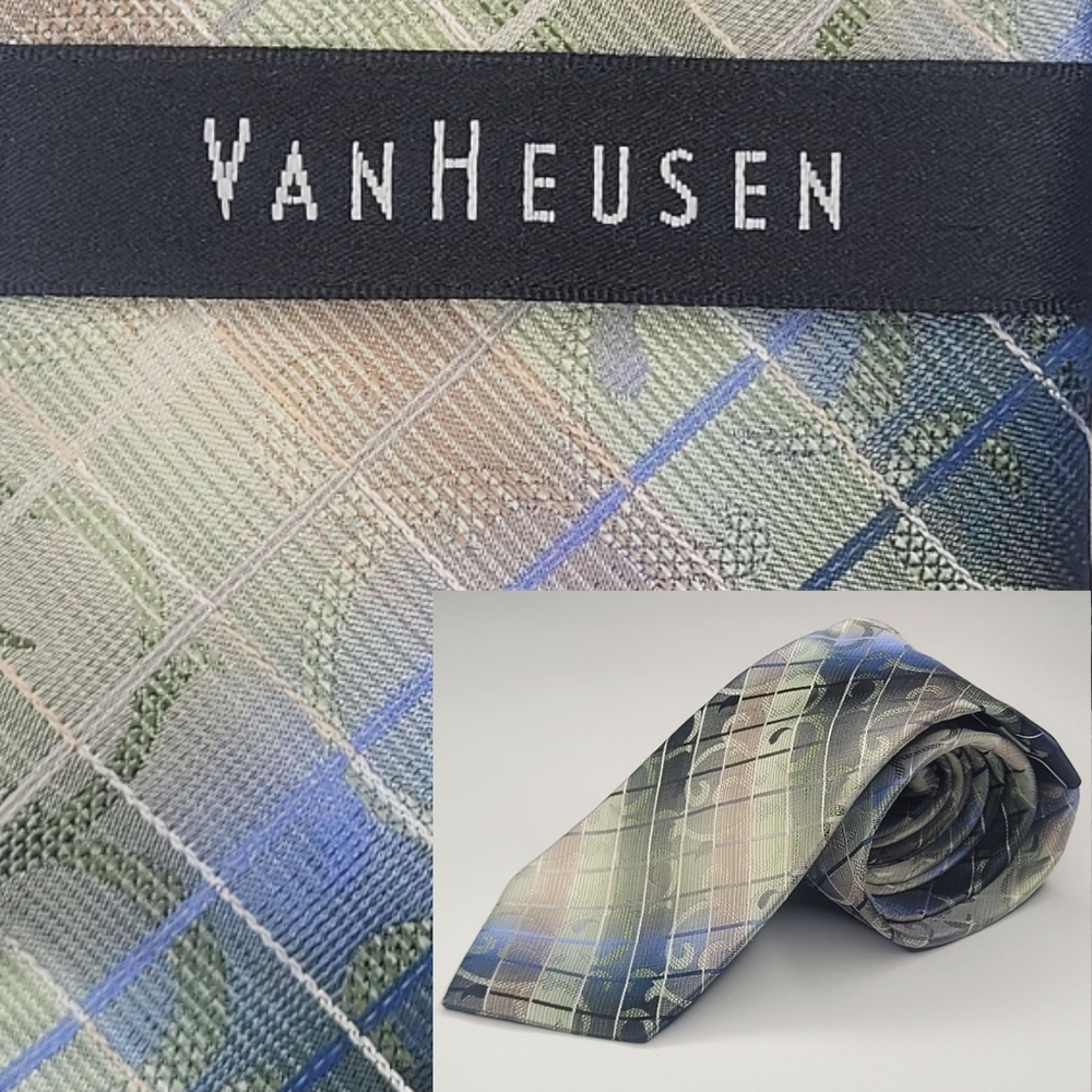 NWT Van Heusen Green Blue Gray Shaded Vines Grid Silk Tie 57 X 3¼